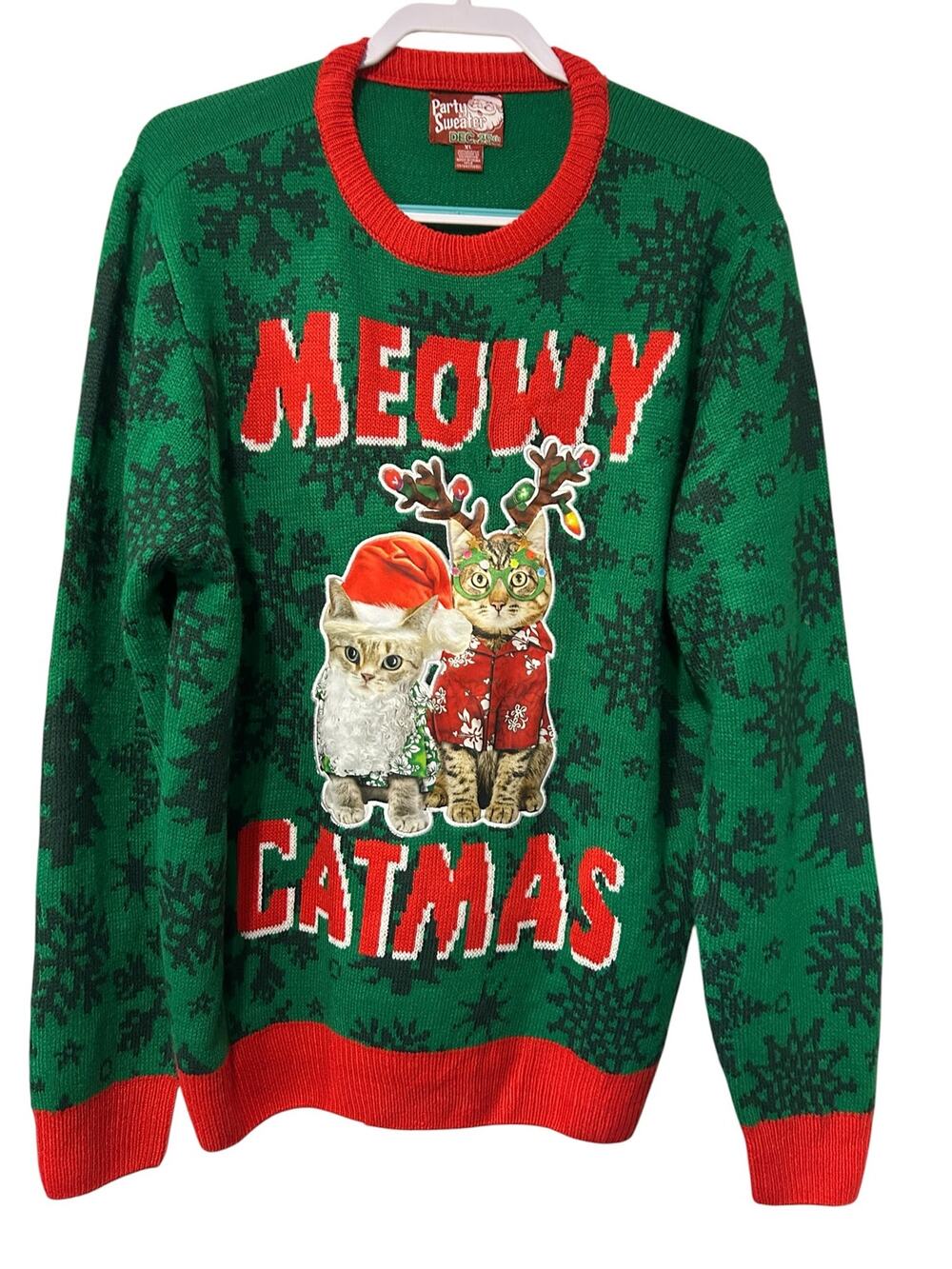 Party Sweater Meowy Catmas Ugly Christmas Sweater Cats Green Red XL